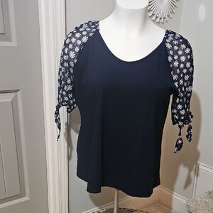 Cato Navy Blue Top with Floral Sleeves